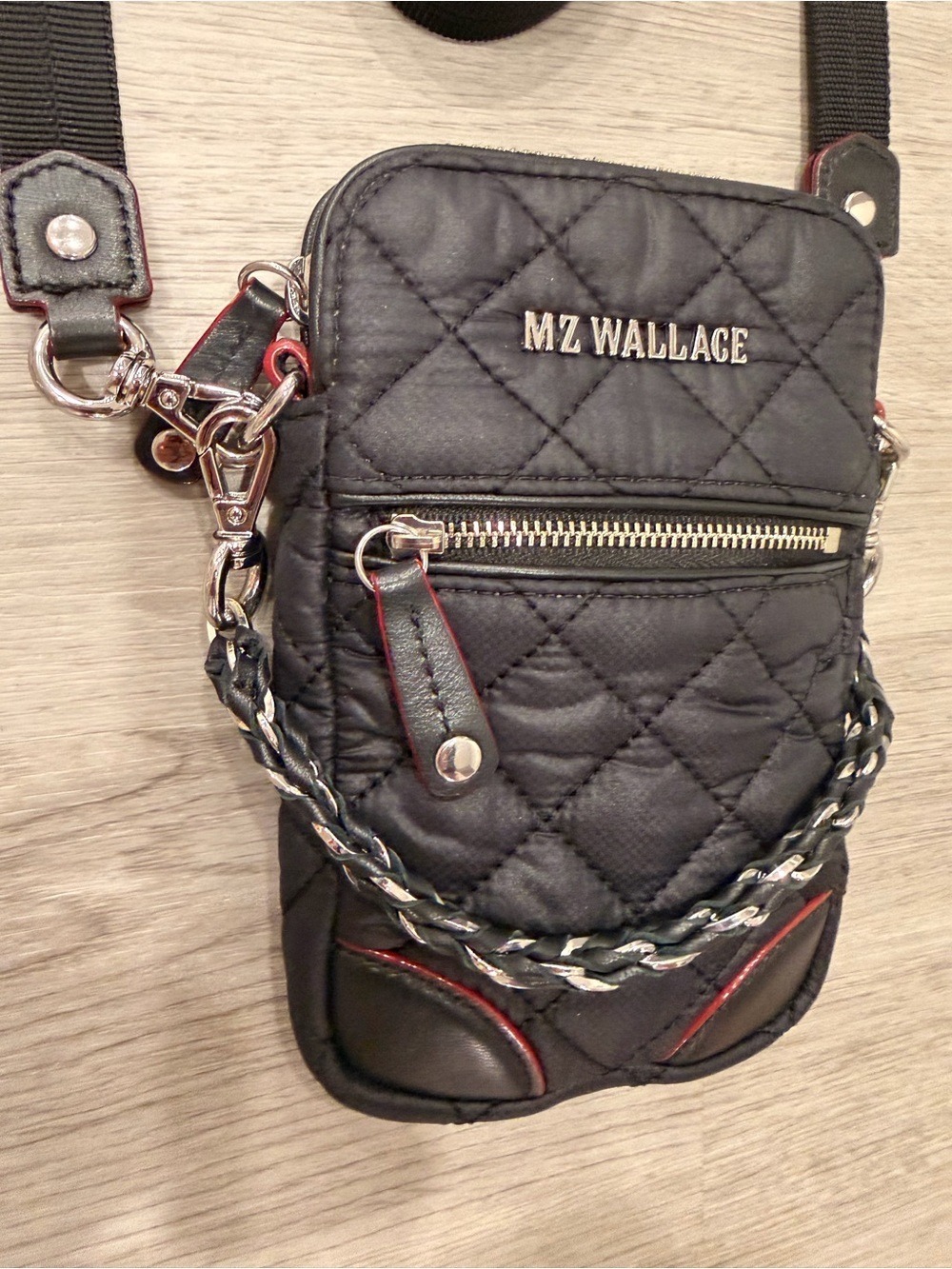 MZ WALLACE Micro Crosby Crossbody Bag Black Quilted Nylon Red Trim Travel - Picture 6 of 12